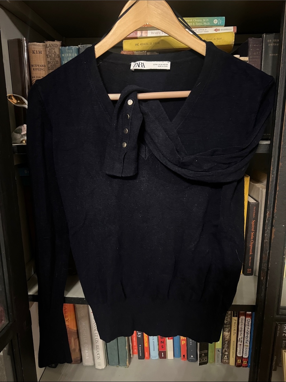 Zara Navy V-Neck Sweater with Button Tab